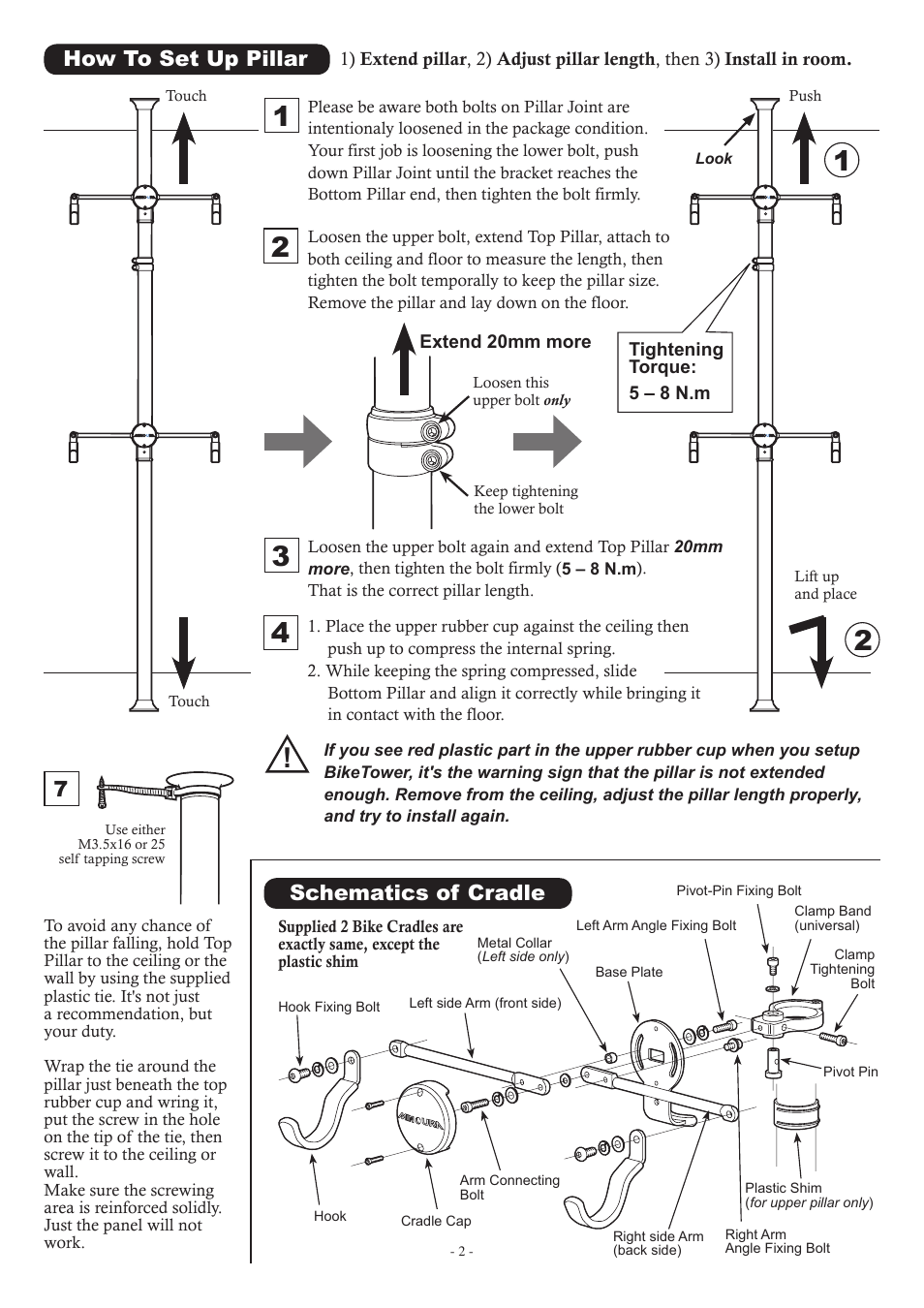 How to set up pillar, Schematics of cradle | MINOURA BikeTower10 User Manual | Page 2 / 4