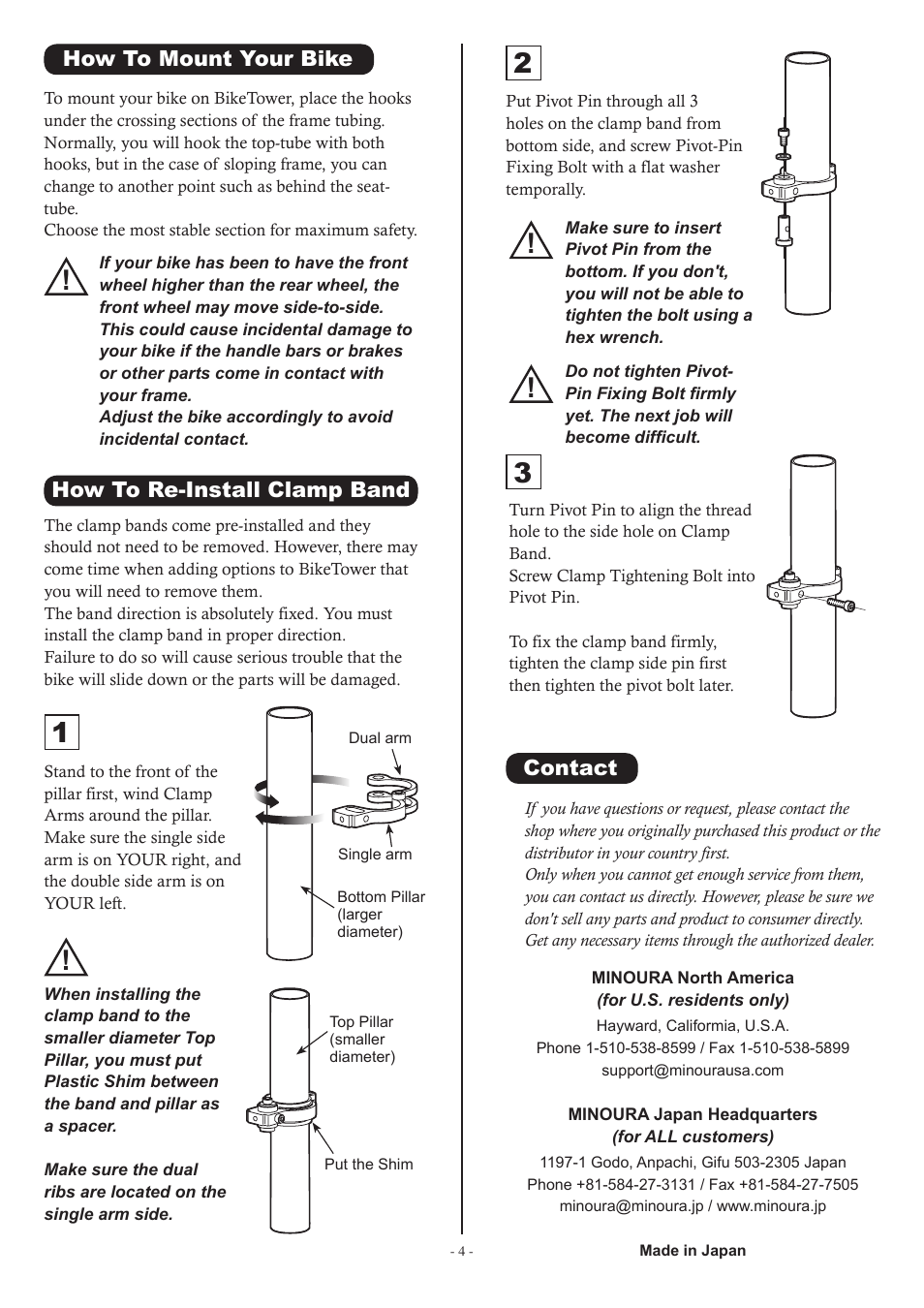 How to mount your bike, How to re-install clamp band, Contact | MINOURA BikeTower10 User Manual | Page 4 / 4