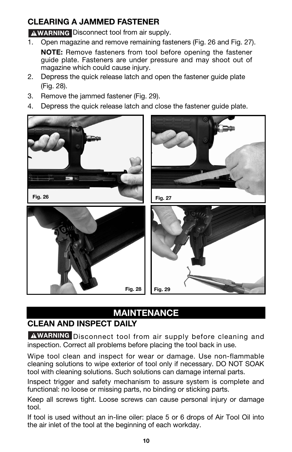 Maintenance, Clean and inspect daily, Clearing a jammed fastener | DeVillbiss Air Power Company Excell A05982 User Manual | Page 10 / 12