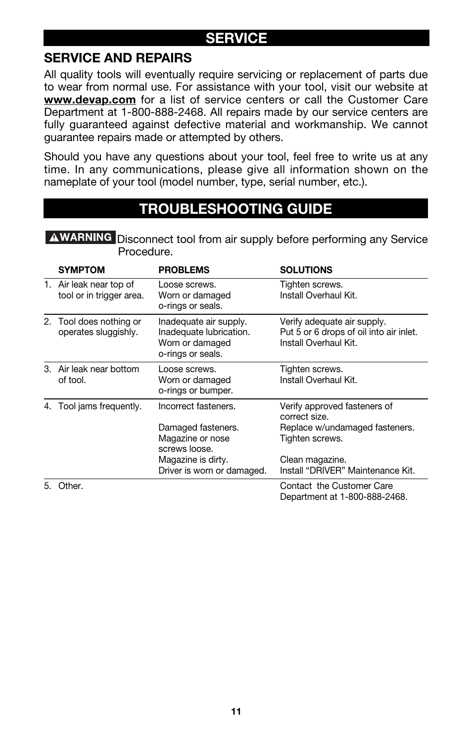 Service, Troubleshooting guide, Service and repairs | DeVillbiss Air Power Company Excell A05982 User Manual | Page 11 / 12