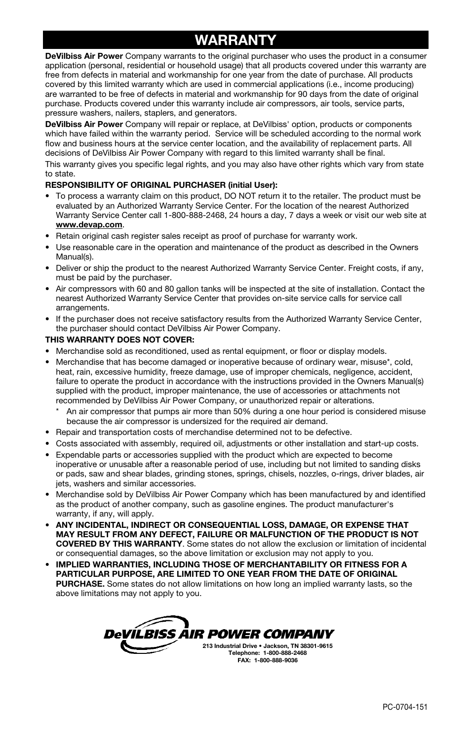 Warranty | DeVillbiss Air Power Company Excell A05982 User Manual | Page 12 / 12