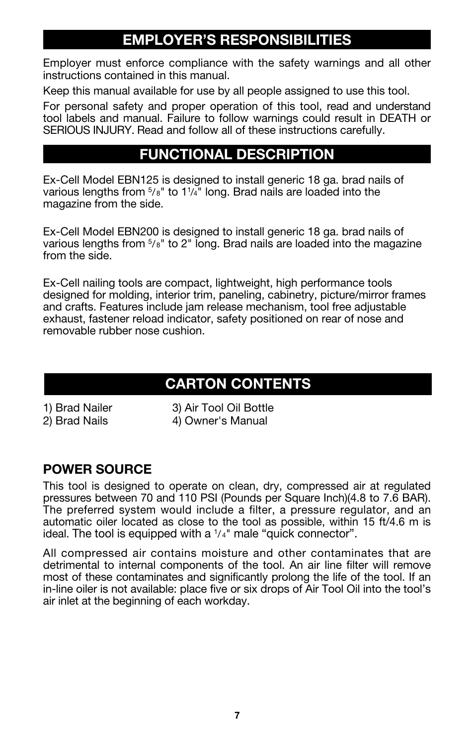 Power source, The tool is equipped with a, Male “quick connector | DeVillbiss Air Power Company Excell A05982 User Manual | Page 7 / 12