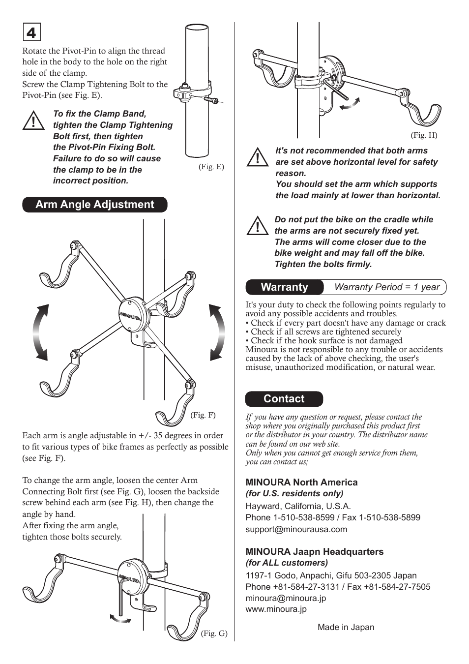 Contact, Arm angle adjustment, Warranty | MINOURA Bike Cradle 3 User Manual | Page 2 / 2