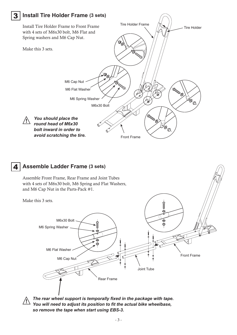 Install tire holder frame, Assemble ladder frame | MINOURA EBS-3 User Manual | Page 3 / 4