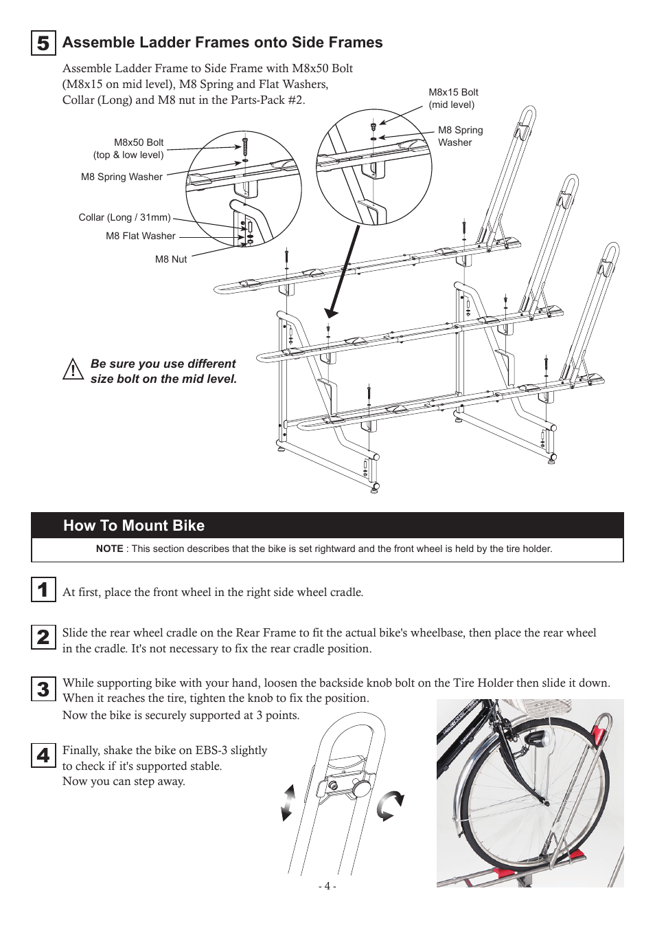 How to mount bike, Assemble ladder frames onto side frames | MINOURA EBS-3 User Manual | Page 4 / 4