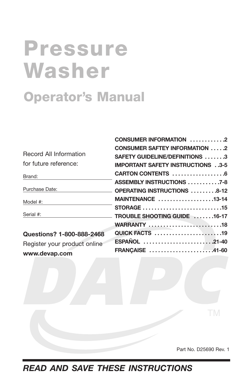 DeVillbiss Air Power Company DAPC D25690 User Manual | 20 pages