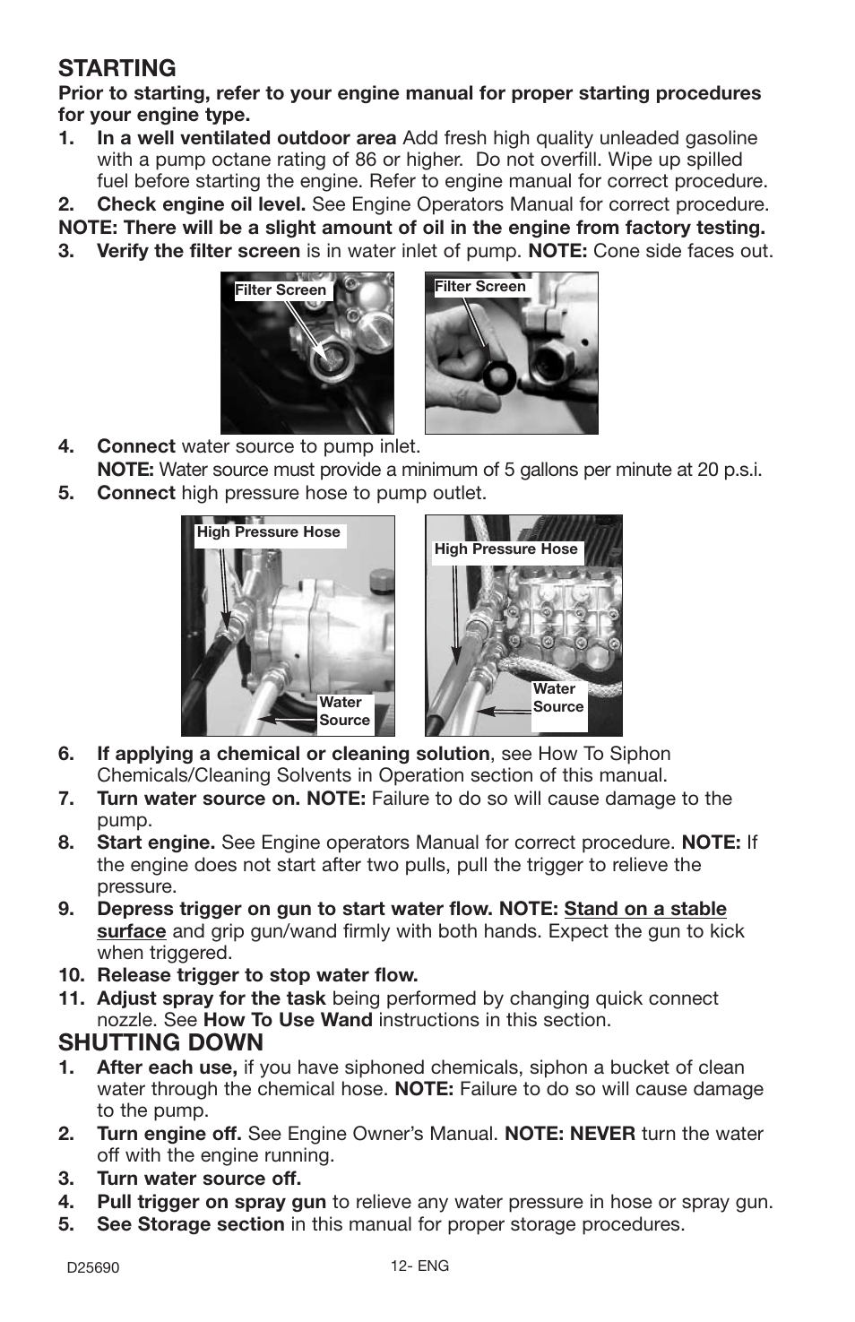 Starting, Shutting down | DeVillbiss Air Power Company DAPC D25690 User Manual | Page 12 / 20