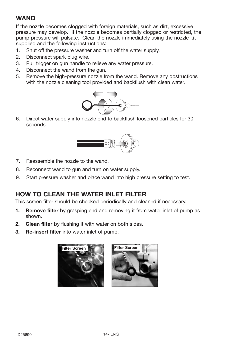 How to clean the water inlet filter, Wand | DeVillbiss Air Power Company DAPC D25690 User Manual | Page 14 / 20