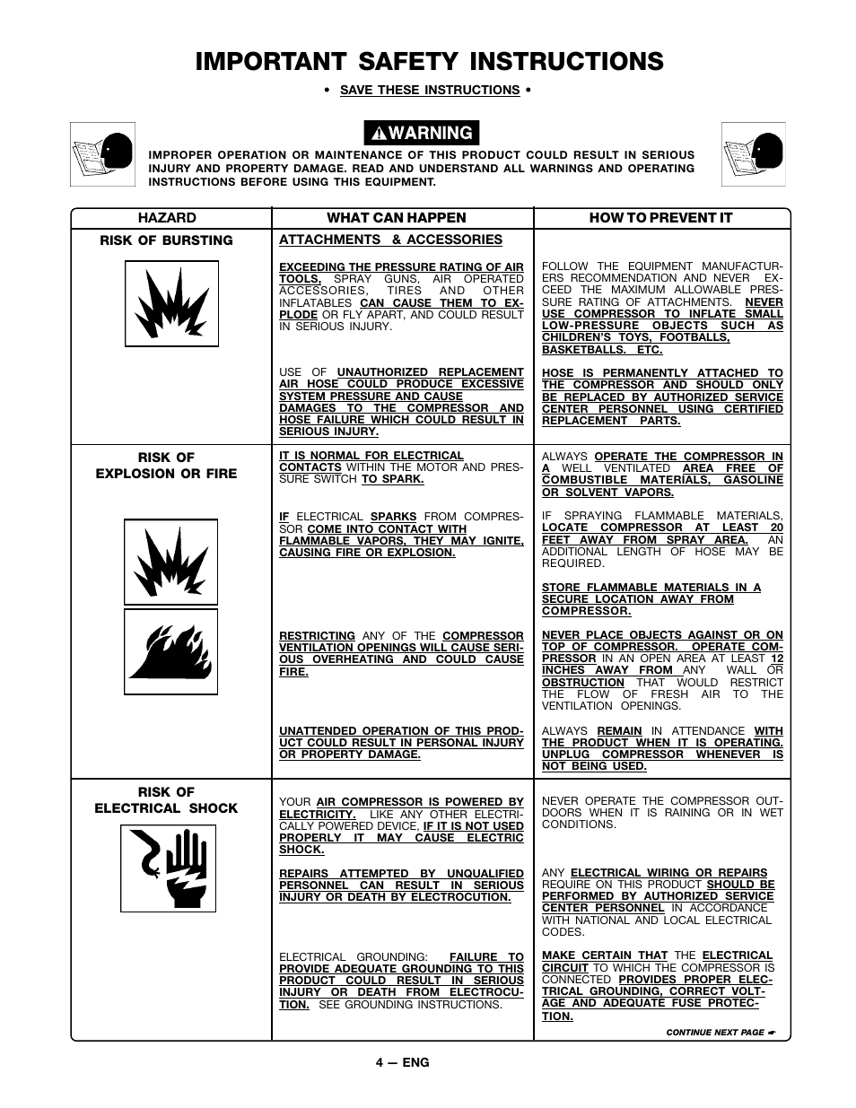 Important safety instructions | DeVillbiss Air Power Company MGP-XE-WB-C1D User Manual | Page 4 / 12