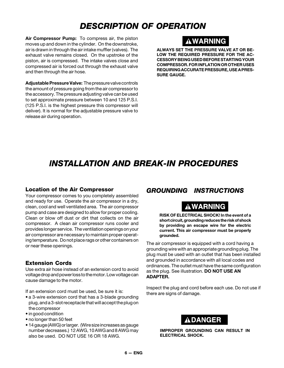 Description of operation, Installation and break-in procedures, Grounding instructions | DeVillbiss Air Power Company MGP-XE-WB-C1D User Manual | Page 6 / 12