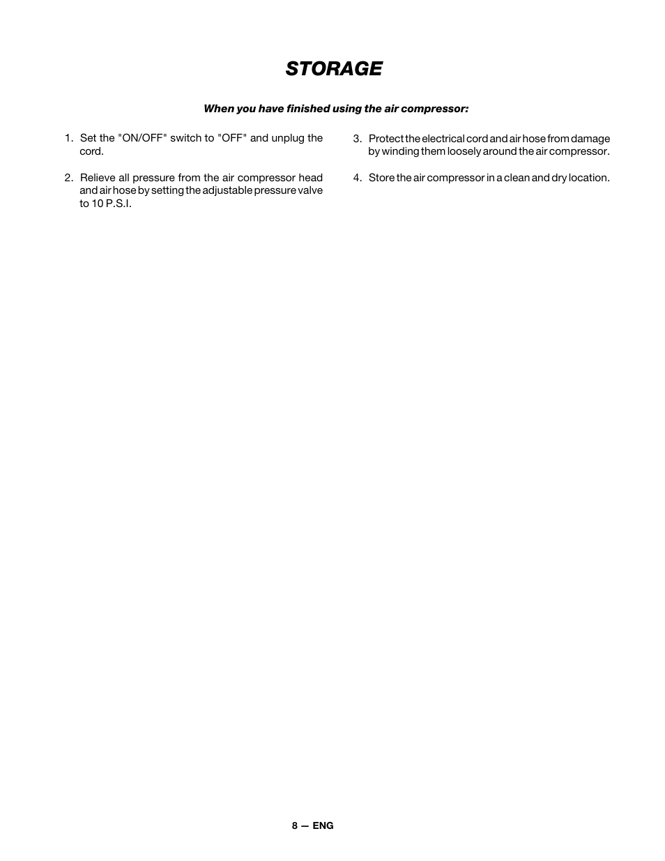 Storage | DeVillbiss Air Power Company MGP-XE-WB-C1D User Manual | Page 8 / 12