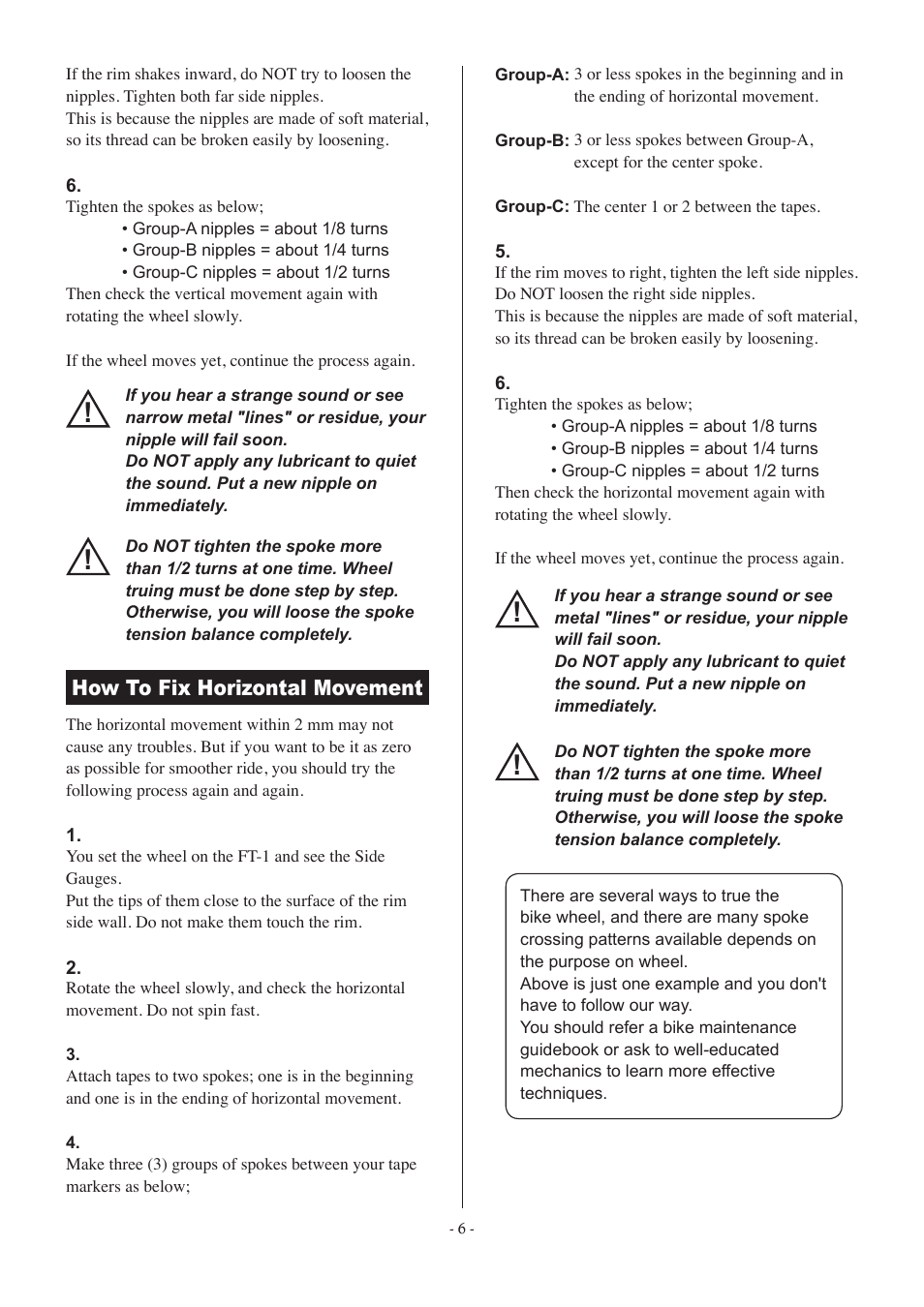 How to fix horizontal movement | MINOURA FT-1 Combo User Manual | Page 6 / 10