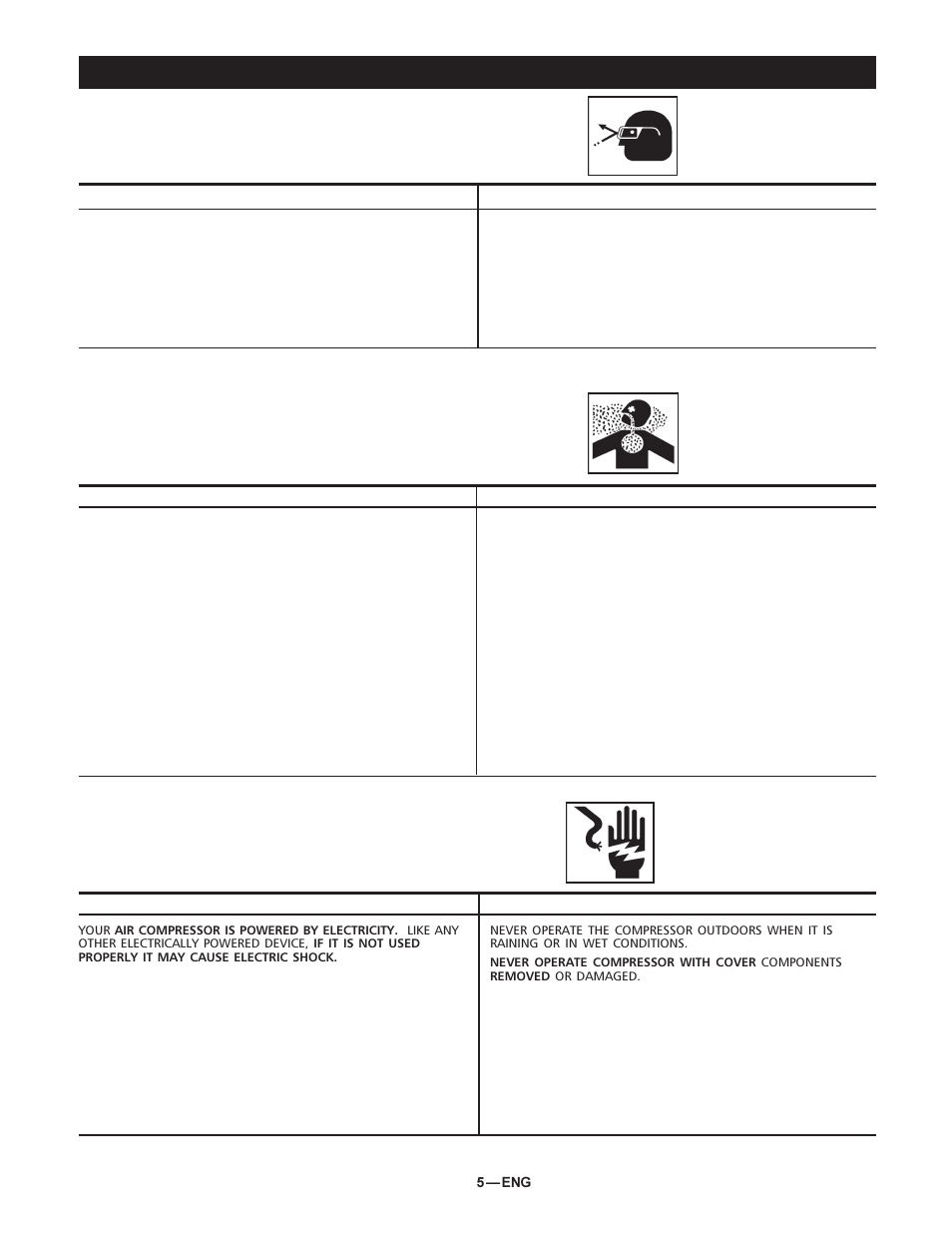 Hazard, Risk from flying objects, Risk to breathing | Risk of electrical shock | DeVillbiss Air Power Company 102D-3 User Manual | Page 5 / 12