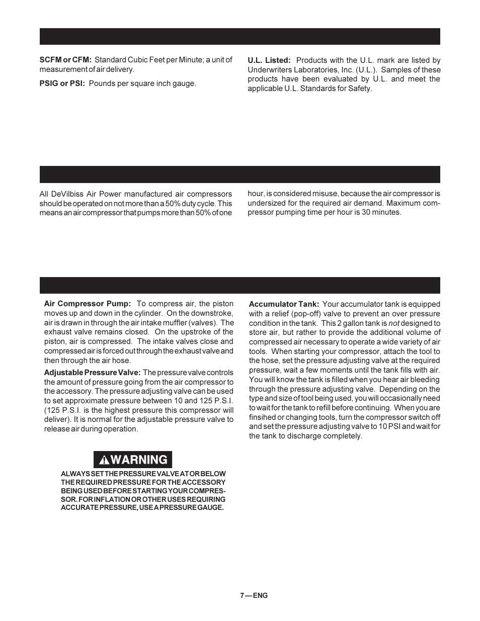 Glossary duty cycle, Description of operation | DeVillbiss Air Power Company 102D-3 User Manual | Page 7 / 12