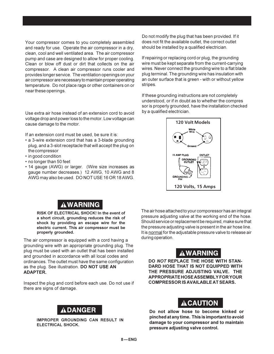 Installation and break-in procedures, Grounding instructions | DeVillbiss Air Power Company 102D-3 User Manual | Page 8 / 12