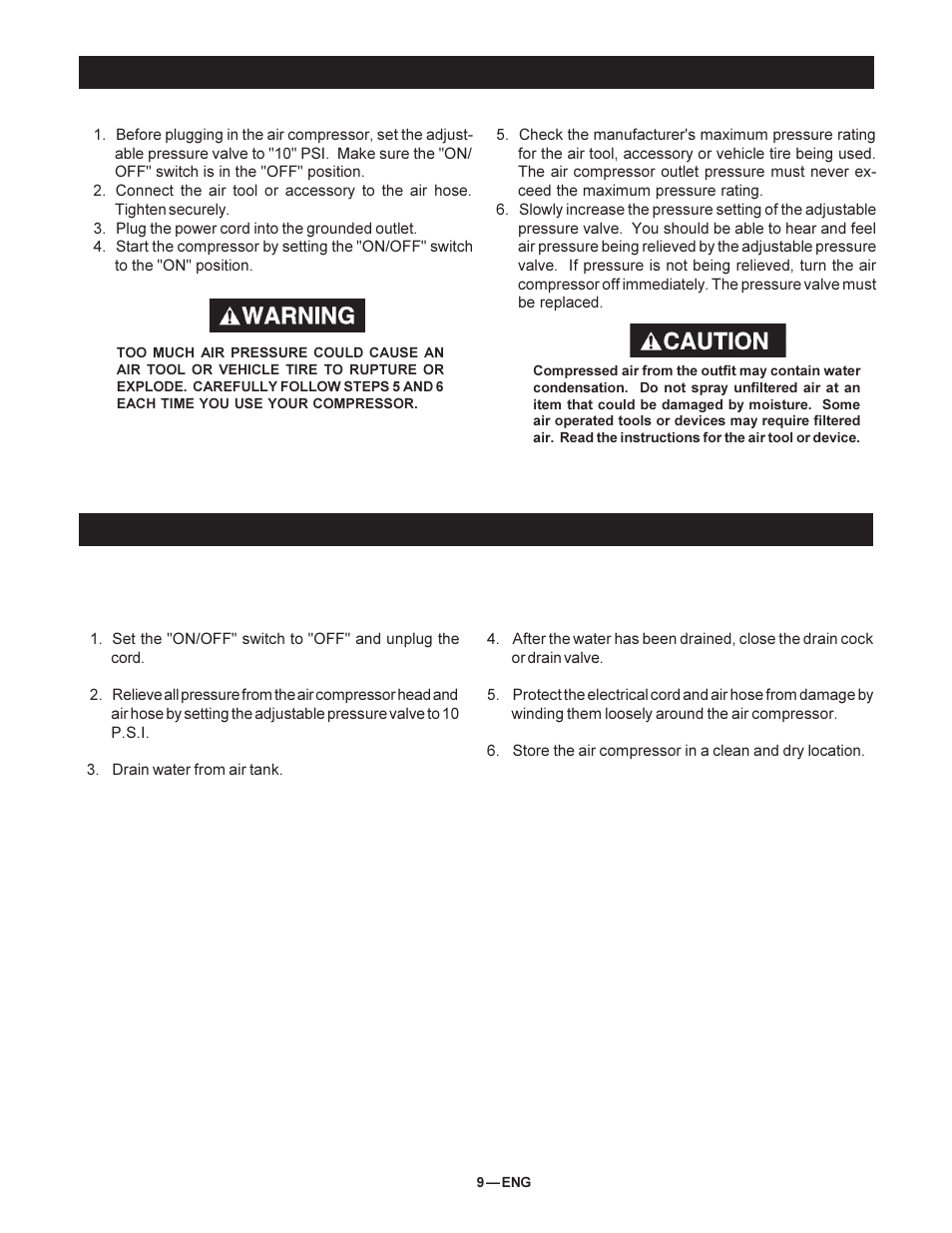 Operating procedures, Storage | DeVillbiss Air Power Company 102D-3 User Manual | Page 9 / 12