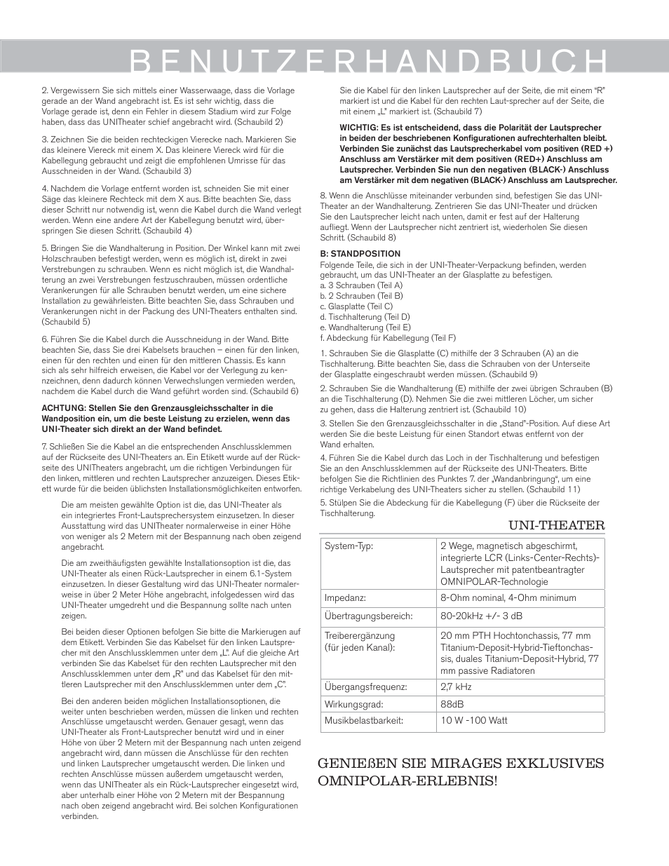 Genießen sie mirages exklusives omnipolar-erlebnis, Uni-theater | Mirage Uni-Theater® 5.1 User Manual | Page 11 / 24