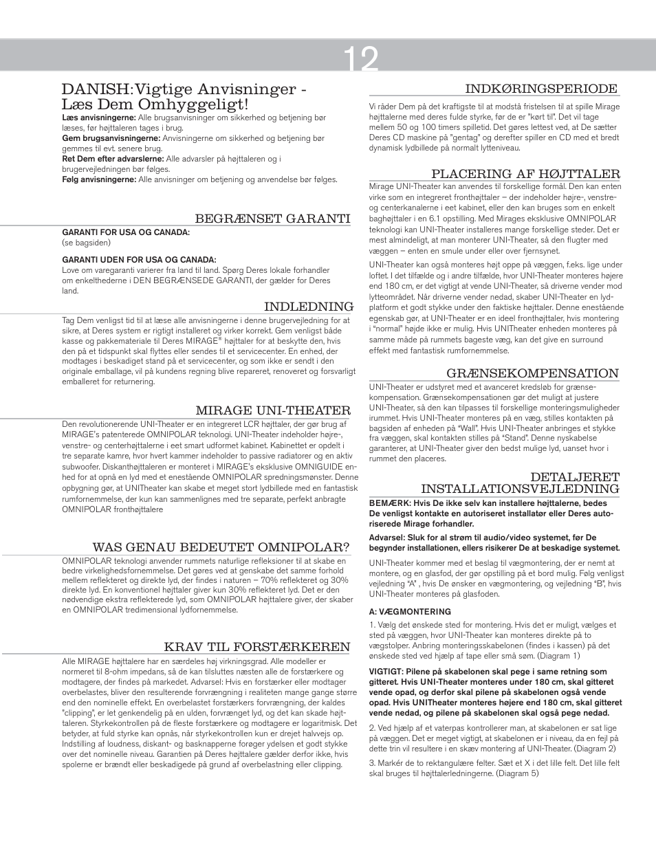 Danish:vigtige anvisninger - læs dem omhyggeligt | Mirage Uni-Theater® 5.1 User Manual | Page 12 / 24