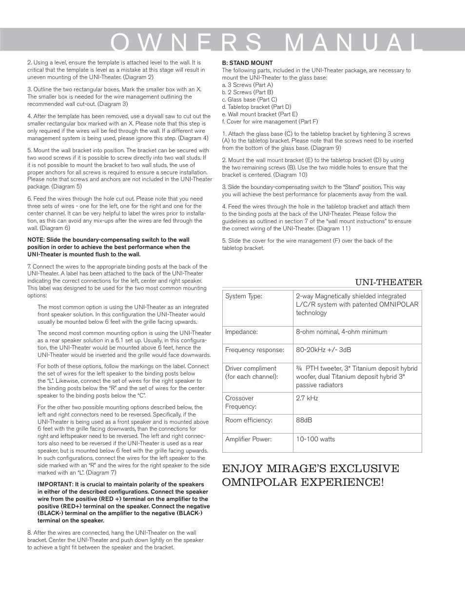 Enjoy mirage’s exclusive omnipolar experience, Uni-theater | Mirage Uni-Theater® 5.1 User Manual | Page 3 / 24