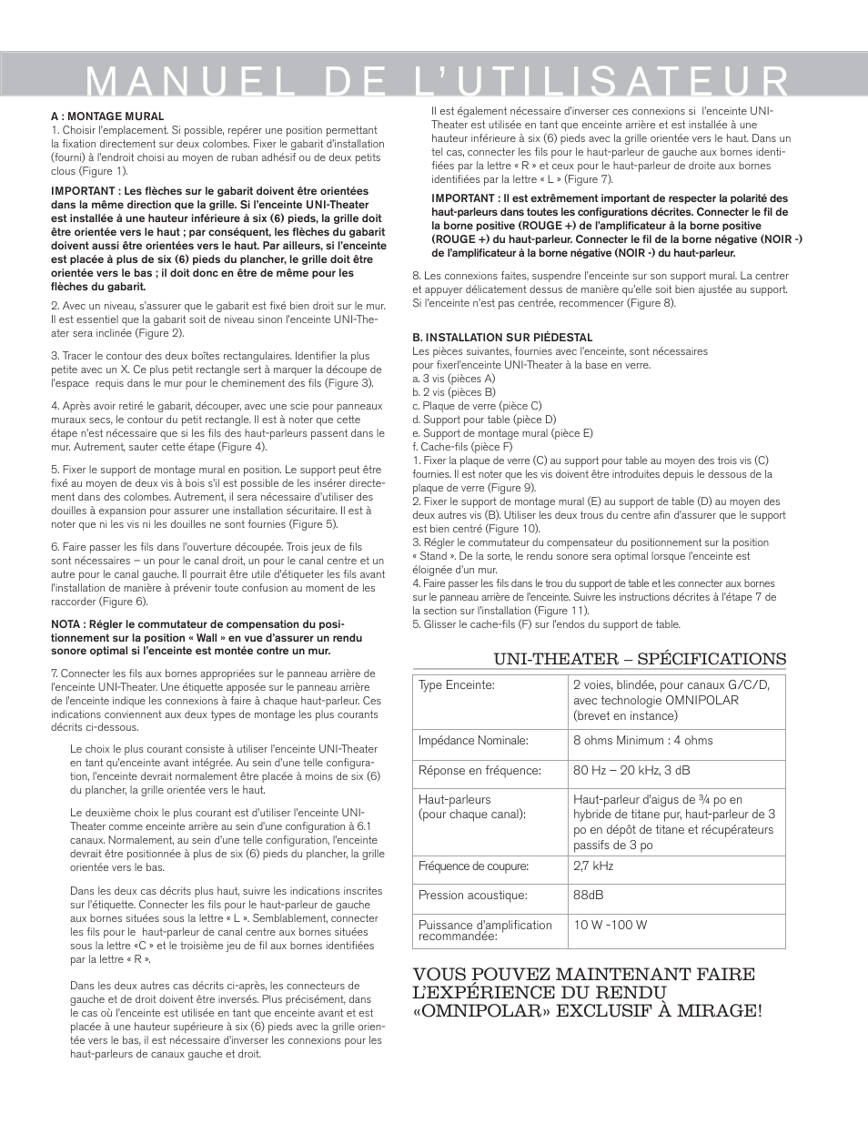 Uni-theater – spécifications | Mirage Uni-Theater® 5.1 User Manual | Page 5 / 24
