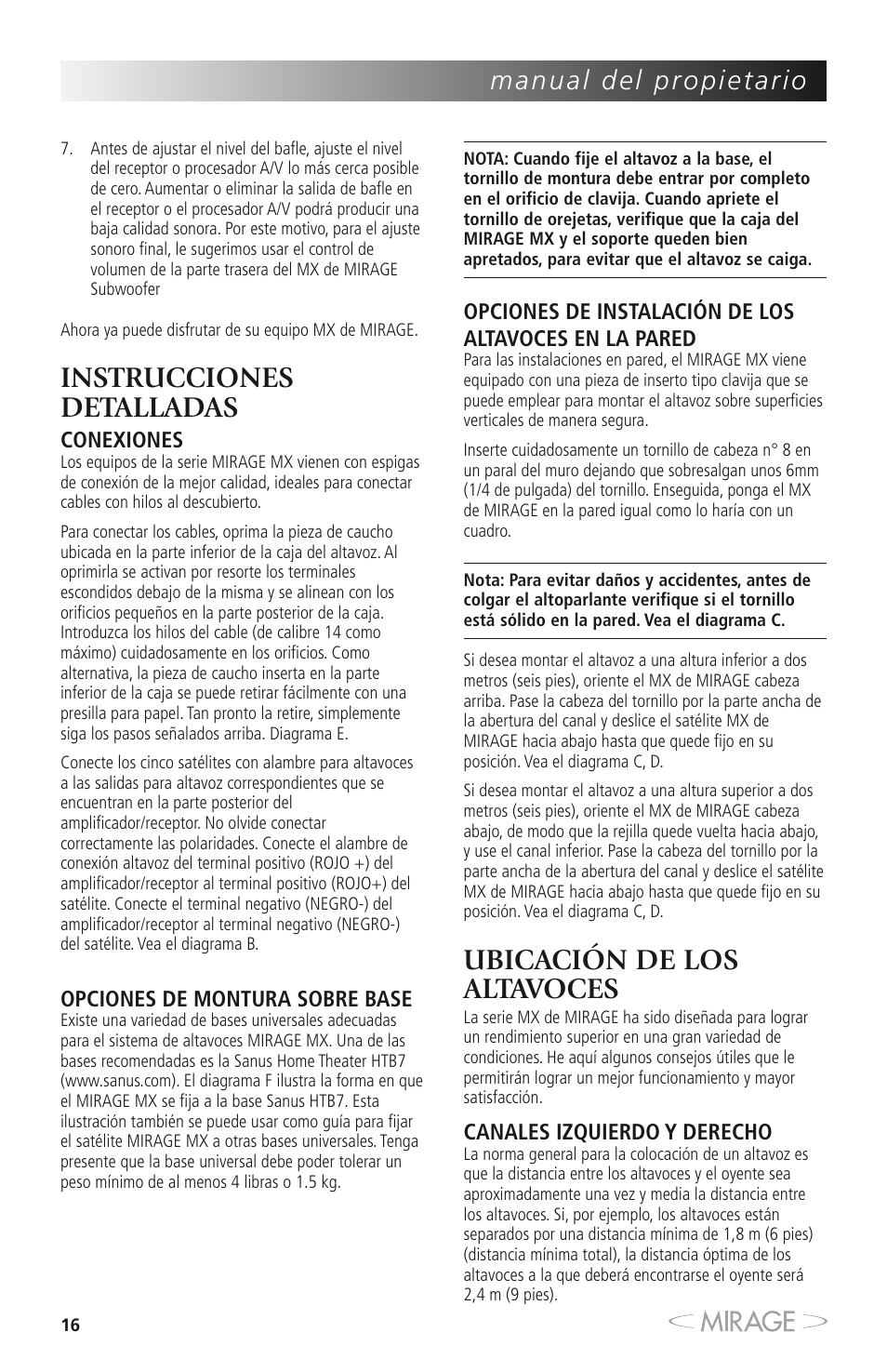 Instrucciones detalladas, Ubicación de los altavoces | Mirage MX 5.1 User Manual | Page 16 / 72