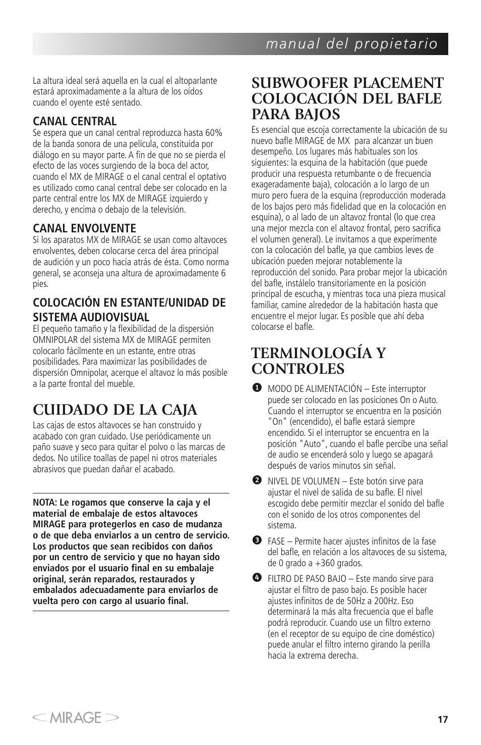 Cuidado de la caja, Terminología y controles | Mirage MX 5.1 User Manual | Page 17 / 72