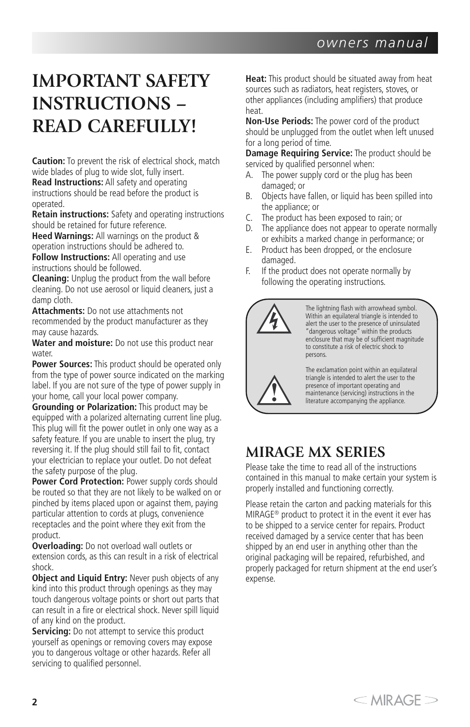 Important safety instructions – read carefully, Mirage mx series | Mirage MX 5.1 User Manual | Page 2 / 72