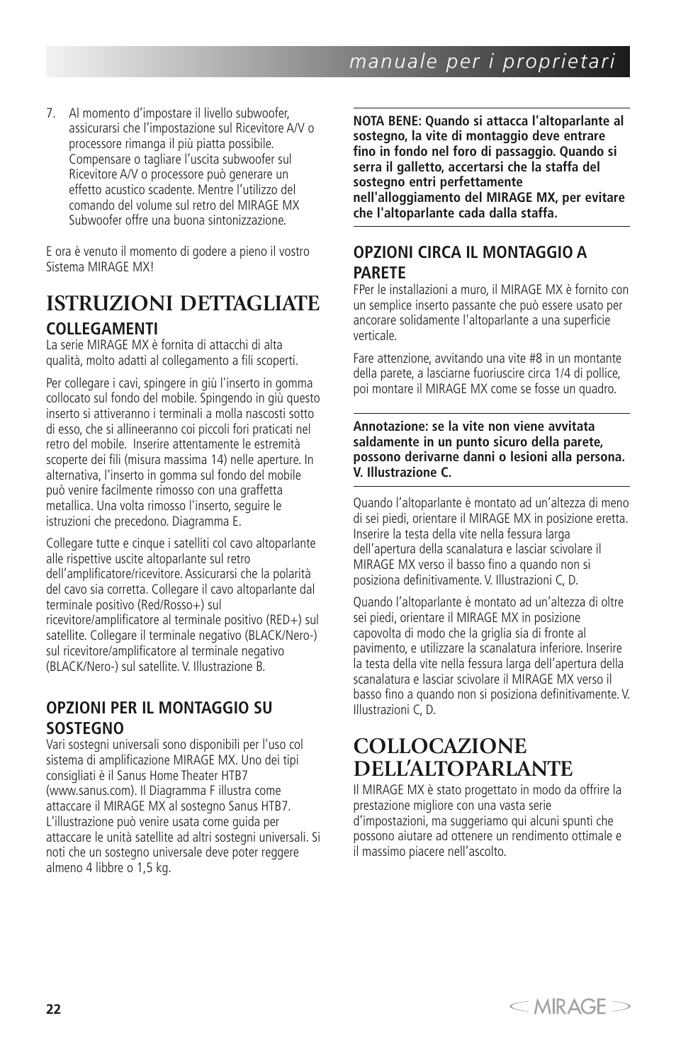 Istruzioni dettagliate, Collocazione dell’altoparlante | Mirage MX 5.1 User Manual | Page 22 / 72