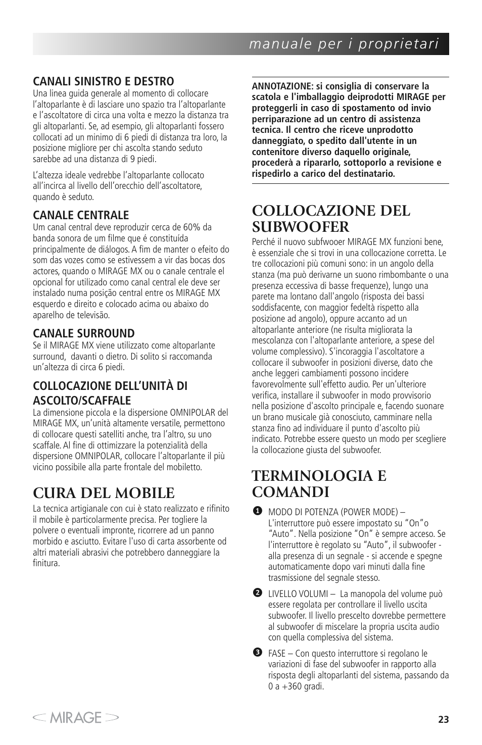 Cura del mobile, Collocazione del subwoofer, Terminologia e comandi | Mirage MX 5.1 User Manual | Page 23 / 72