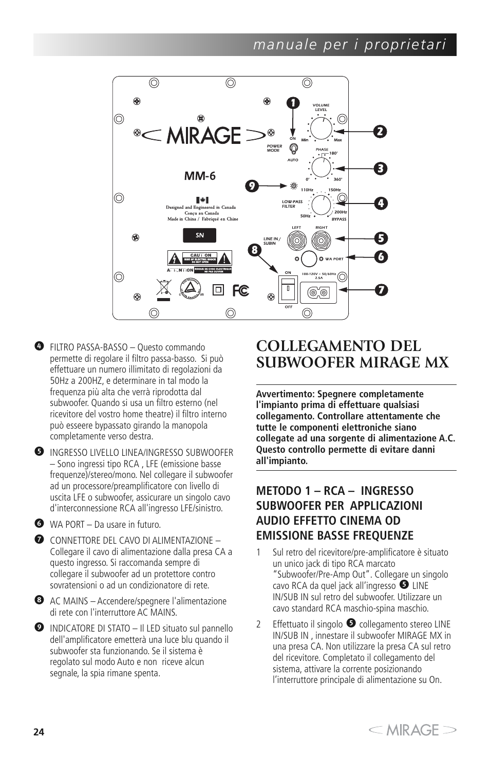 Collegamento del subwoofer mirage mx | Mirage MX 5.1 User Manual | Page 24 / 72