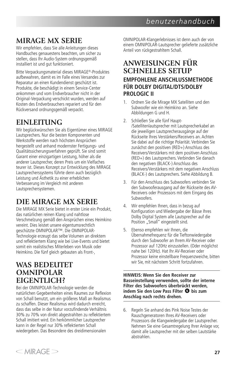 Mirage mx serie, Einleitung, Die mirage mx serie | Was bedeutet omnipolar eigentlich, Anweisungen für schnelles setup | Mirage MX 5.1 User Manual | Page 27 / 72