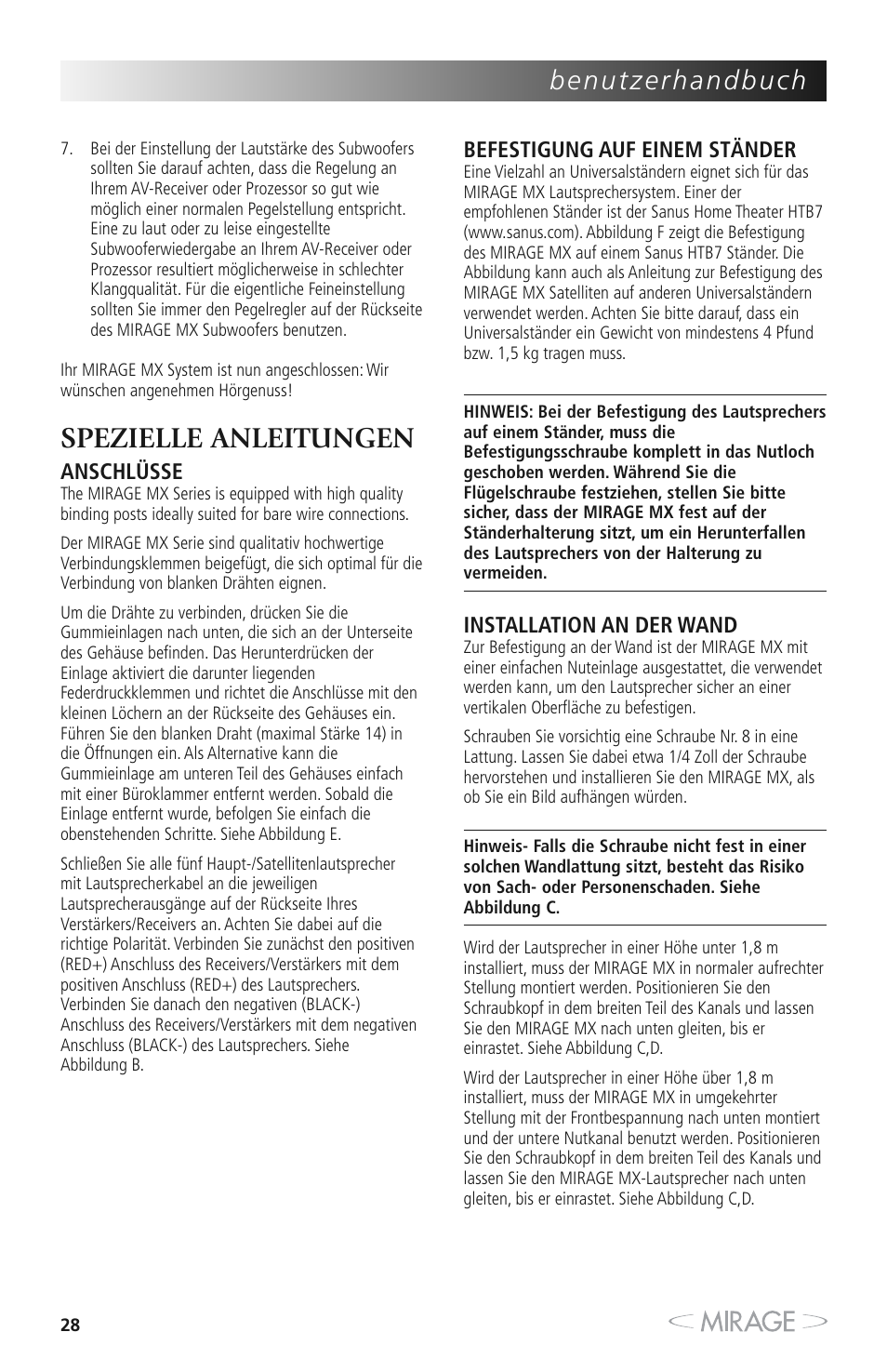 Spezielle anleitungen | Mirage MX 5.1 User Manual | Page 28 / 72