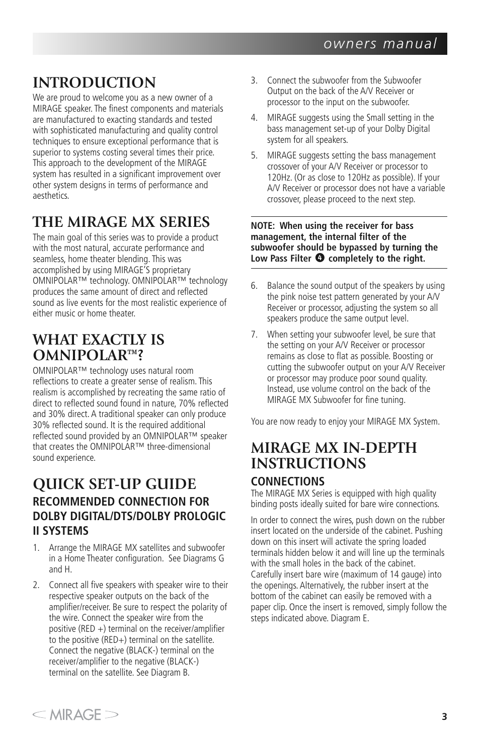 Introduction, The mirage mx series, What exactly is omnipolar | Quick set-up guide, Mirage mx in-depth instructions | Mirage MX 5.1 User Manual | Page 3 / 72