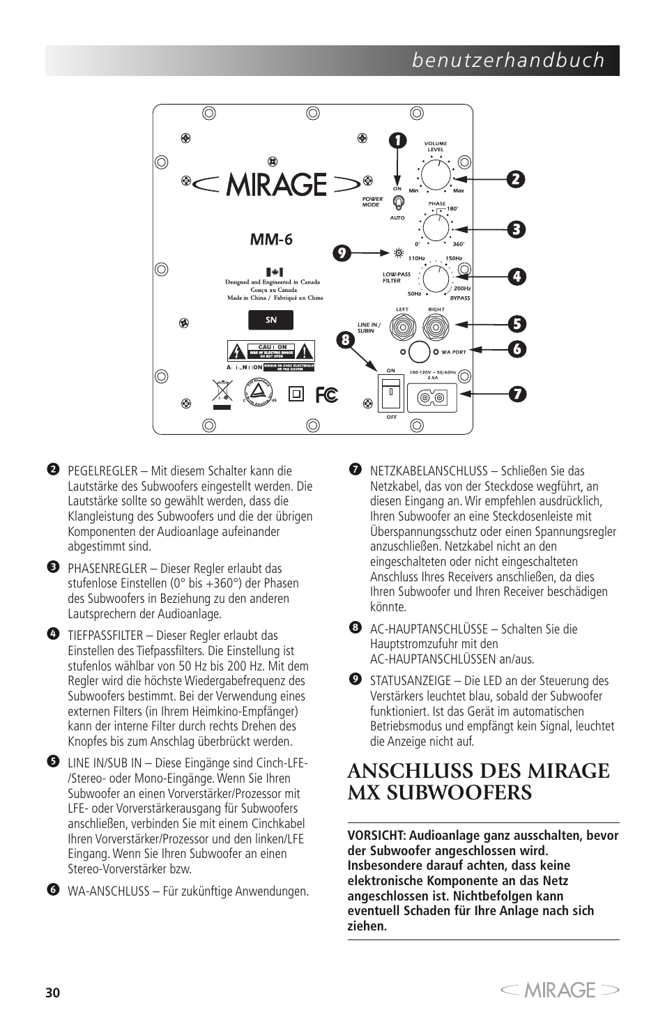 Anschluss des mirage mx subwoofers | Mirage MX 5.1 User Manual | Page 30 / 72