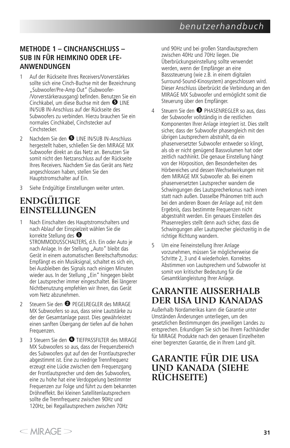 Endgültige einstellungen, Garantie ausserhalb der usa und kanadas, Garantie für die usa und kanada (siehe rüchseite) | Mirage MX 5.1 User Manual | Page 31 / 72