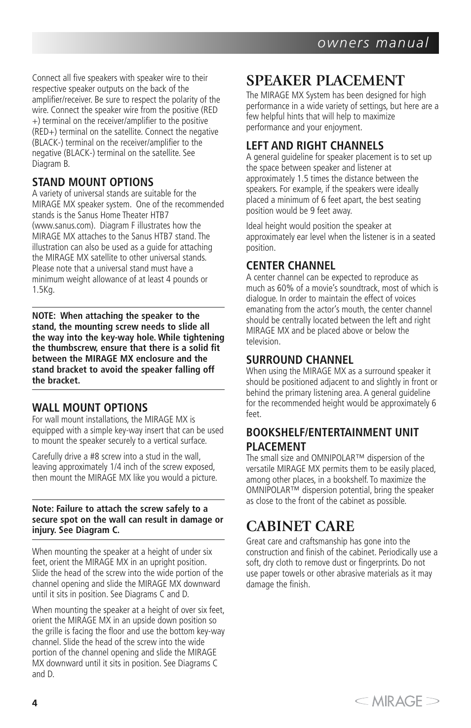 Speaker placement, Cabinet care | Mirage MX 5.1 User Manual | Page 4 / 72