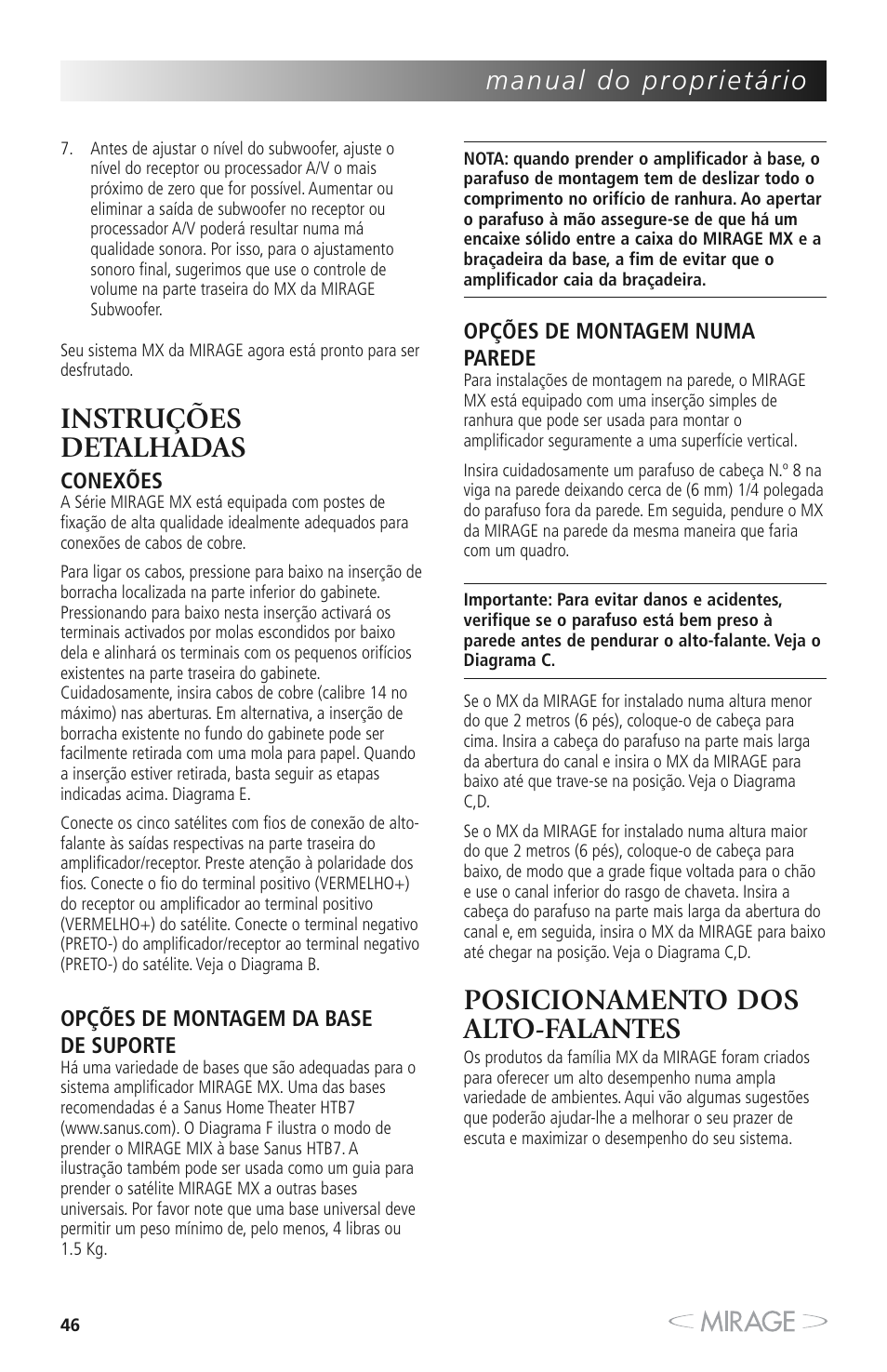 Instruções detalhadas, Posicionamento dos alto-falantes | Mirage MX 5.1 User Manual | Page 46 / 72