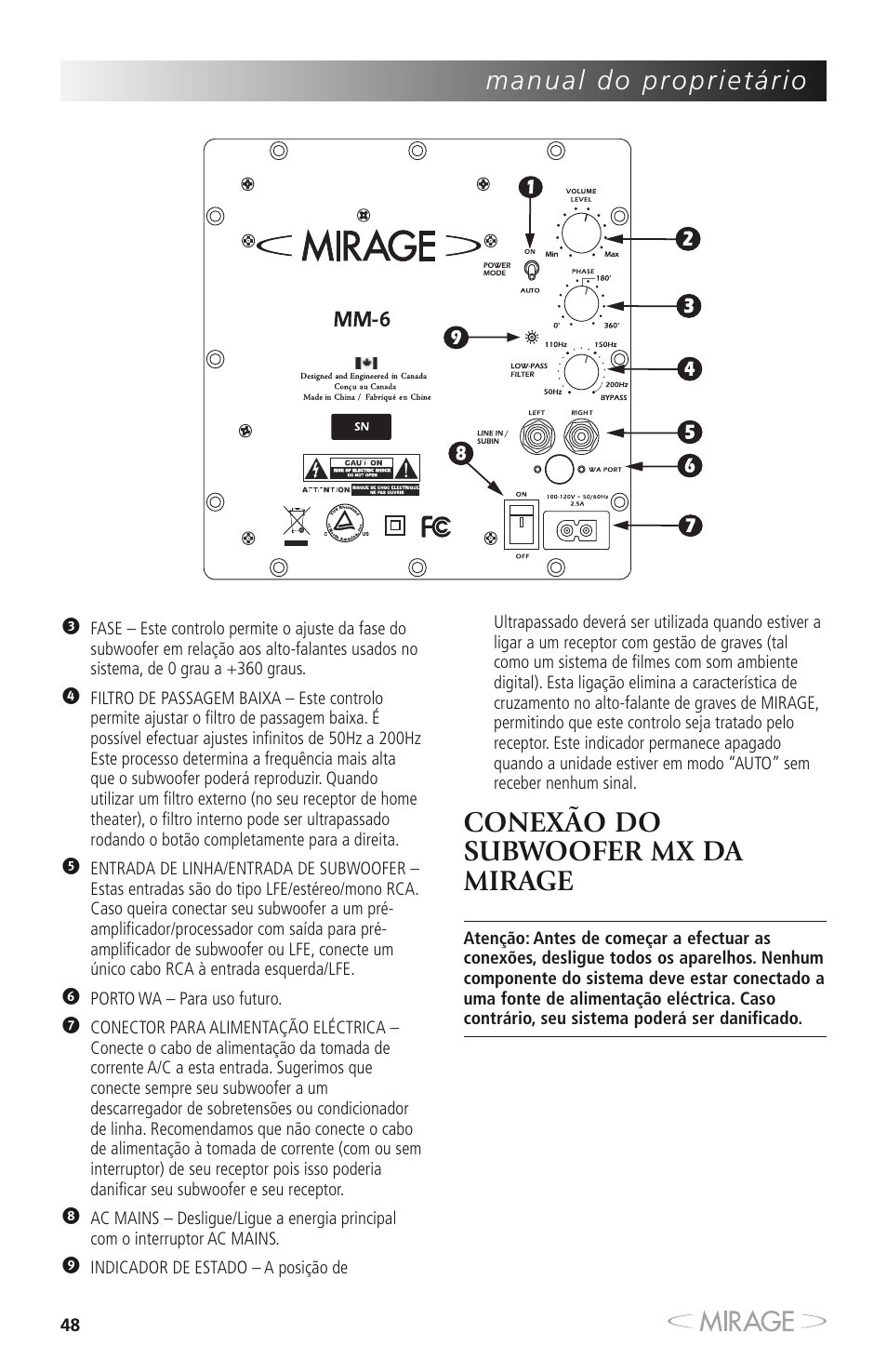 Conexão do subwoofer mx da mirage | Mirage MX 5.1 User Manual | Page 48 / 72