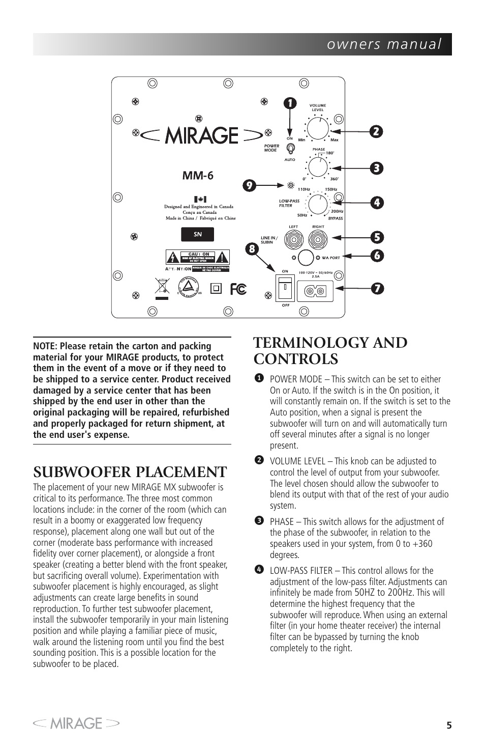 Subwoofer placement, Terminology and controls | Mirage MX 5.1 User Manual | Page 5 / 72