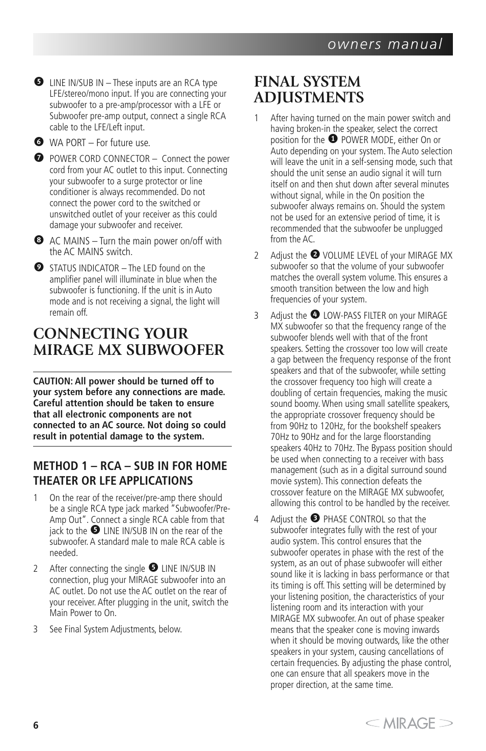 Connecting your mirage mx subwoofer, Final system adjustments | Mirage MX 5.1 User Manual | Page 6 / 72