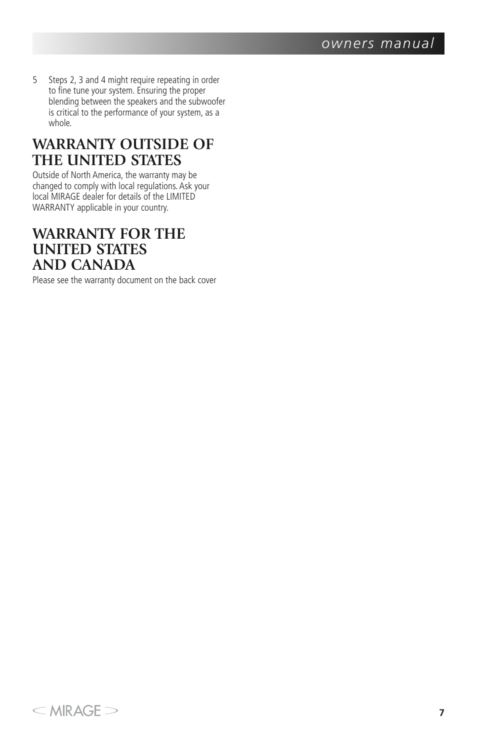 Warranty outside of the united states, Warranty for the united states and canada | Mirage MX 5.1 User Manual | Page 7 / 72