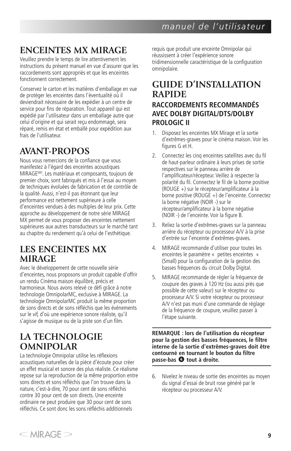 Enceintes mx mirage, Avant-propos, Les enceintes mx mirage | La technologie omnipolar, Guide d’installation rapide | Mirage MX 5.1 User Manual | Page 9 / 72