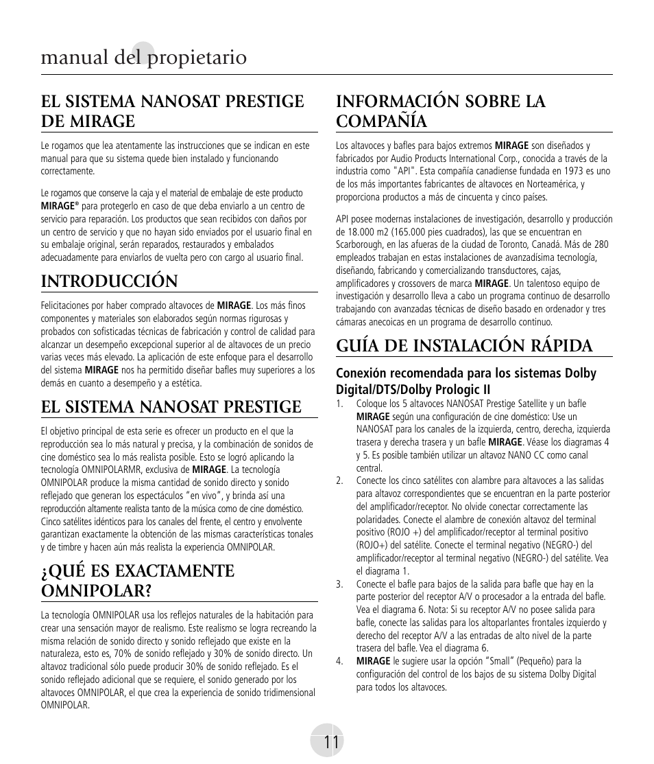 Manual del propietario, El sistema nanosat prestige de mirage, Introducción | El sistema nanosat prestige, Qué es exactamente omnipolar, Información sobre la compañía, Guía de instalación rápida | Mirage Nanosat® Prestige User Manual | Page 11 / 44