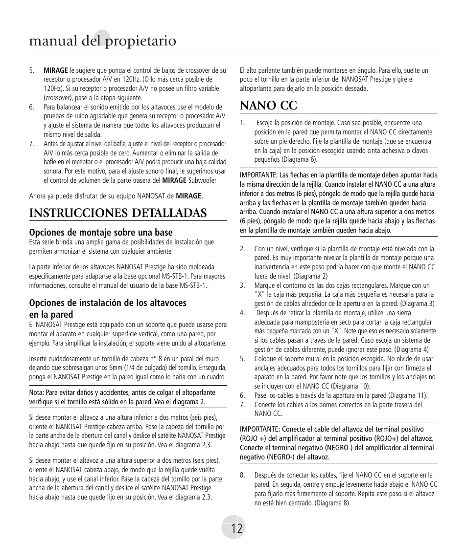Manual del propietario, Instrucciones detalladas, Nano cc | Mirage Nanosat® Prestige User Manual | Page 12 / 44
