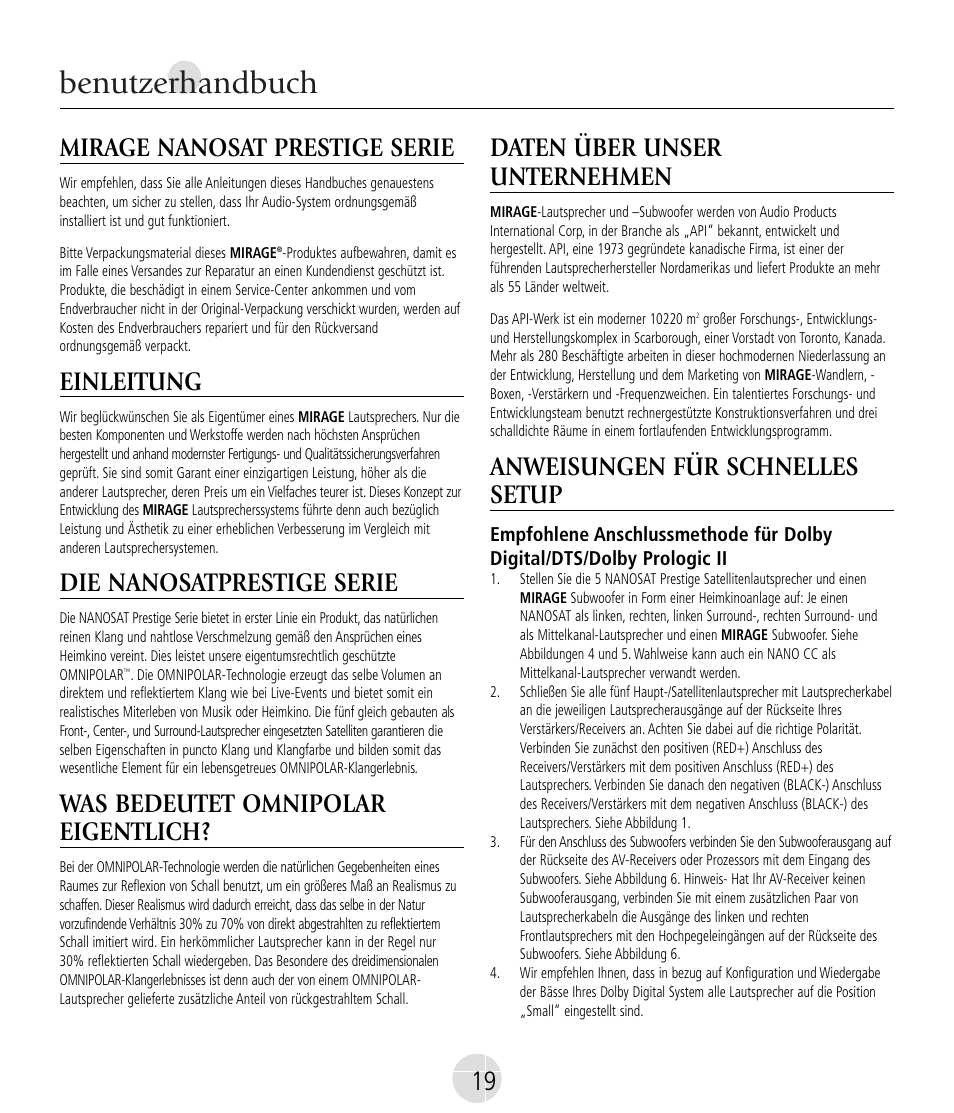 Benutzerhandbuch, Mirage nanosat prestige serie, Einleitung | Die nanosatprestige serie, Was bedeutet omnipolar eigentlich, Daten über unser unternehmen, Anweisungen für schnelles setup | Mirage Nanosat® Prestige User Manual | Page 19 / 44