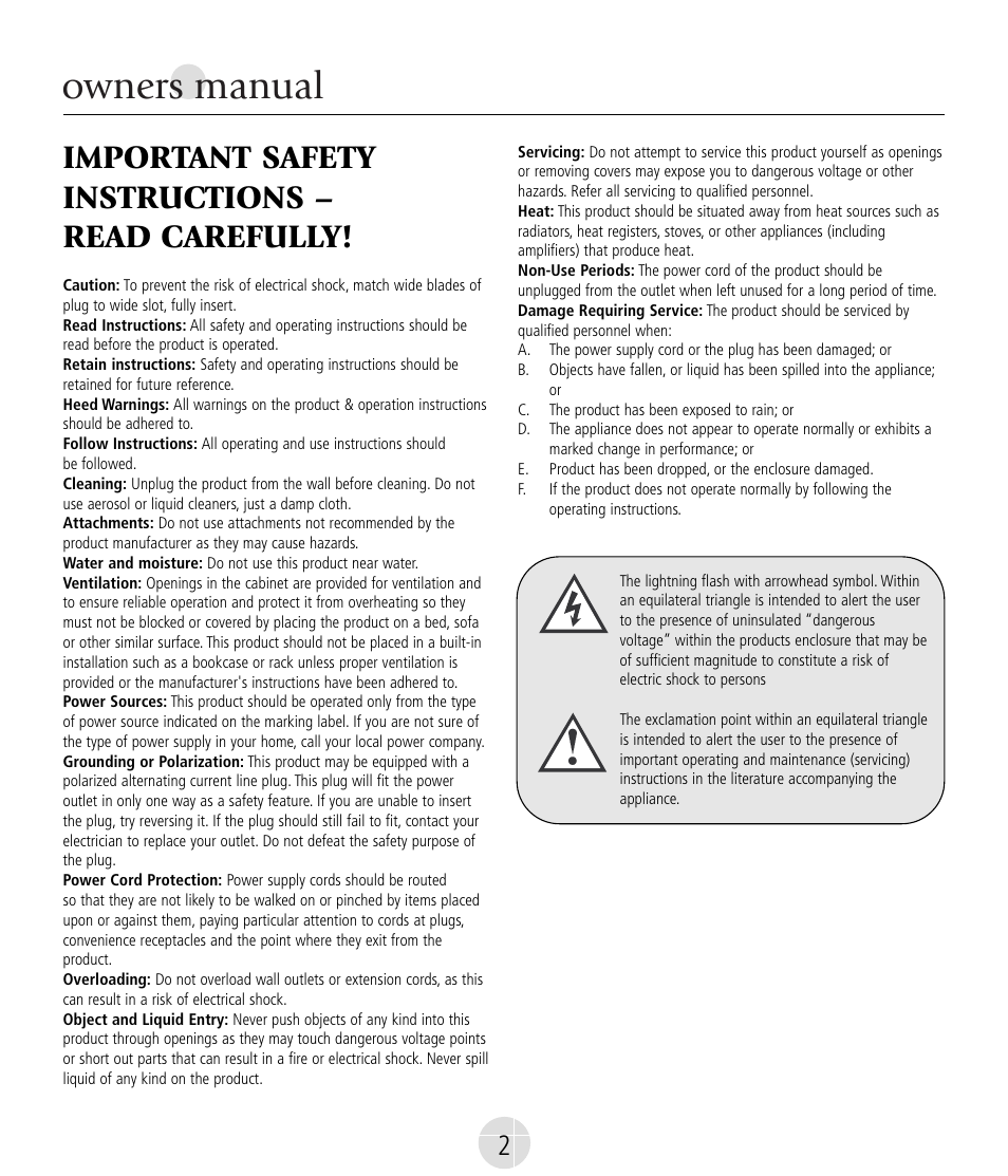 Owners manual, Important safety instructions – read carefully | Mirage Nanosat® Prestige User Manual | Page 2 / 44