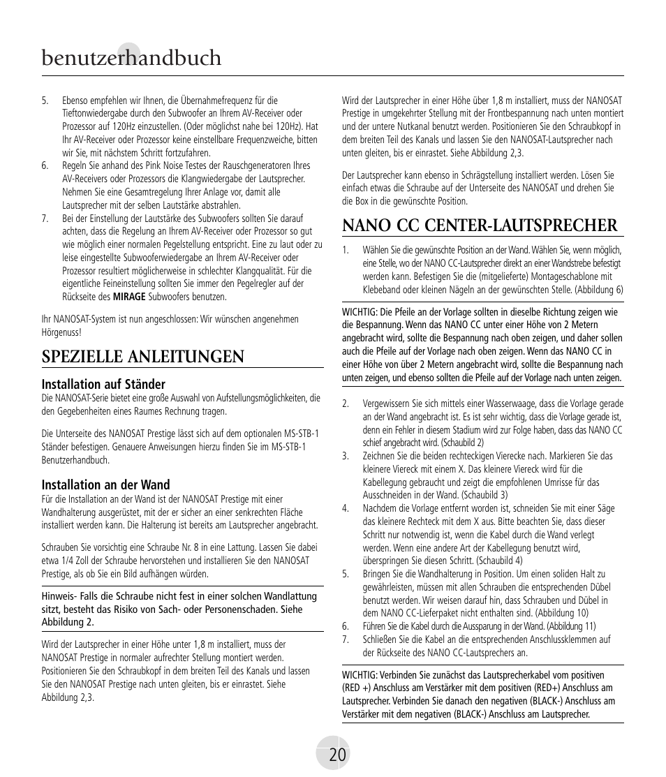Benutzerhandbuch, Spezielle anleitungen, Nano cc center-lautsprecher | Mirage Nanosat® Prestige User Manual | Page 20 / 44