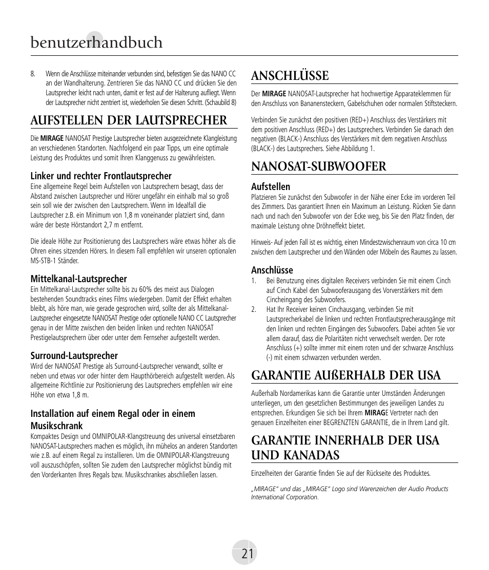 Benutzerhandbuch, Aufstellen der lautsprecher, Anschlüsse | Nanosat-subwoofer, Garantie außerhalb der usa, Garantie innerhalb der usa und kanadas | Mirage Nanosat® Prestige User Manual | Page 21 / 44