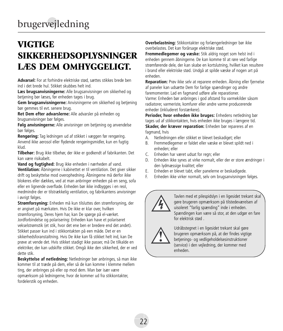 Brugervejledning, Vigtige sikkerhedsoplysninger læs dem omhyggeligt | Mirage Nanosat® Prestige User Manual | Page 22 / 44