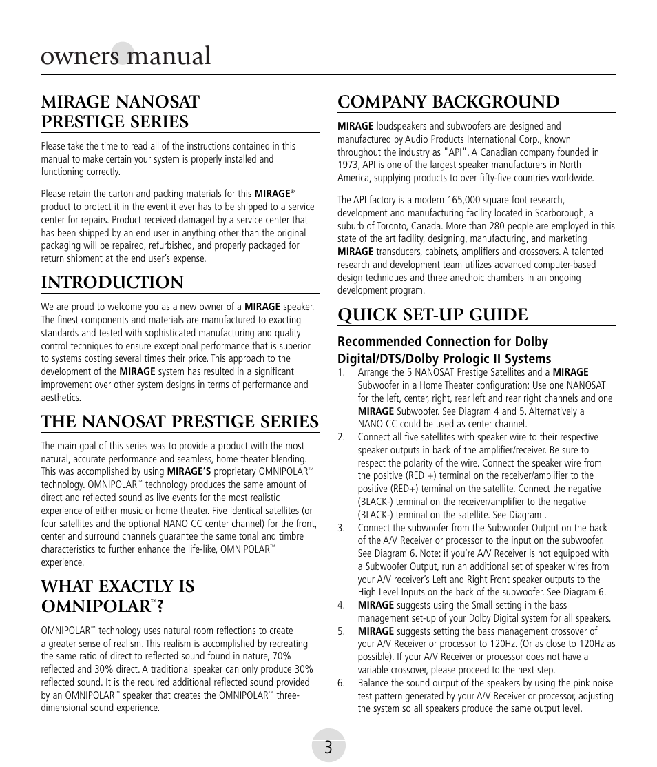 Owners manual, Mirage nanosat prestige series, Introduction | The nanosat prestige series, What exactly is omnipolar, Company background, Quick set-up guide | Mirage Nanosat® Prestige User Manual | Page 3 / 44
